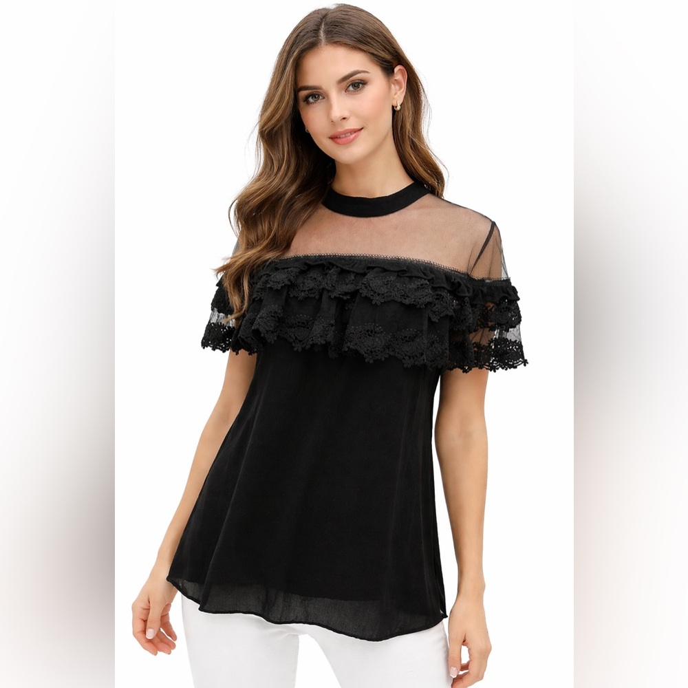 NWT POL Black Lace Ruffle Top